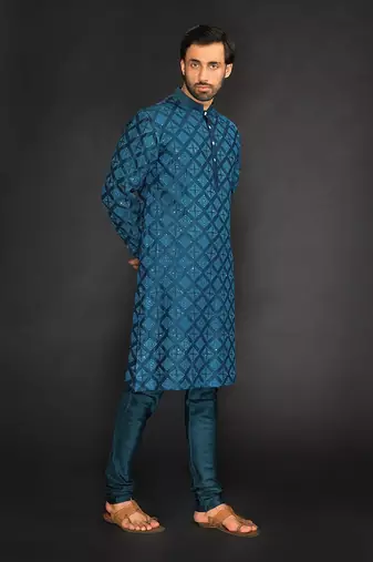 Teal Blue Pure Chanderi Machine Textured Embroidered Kurta Paired With Chudidar