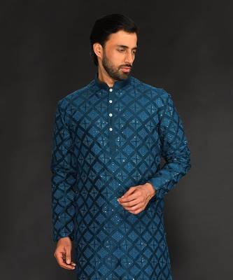Teal Blue Pure Chanderi Machine Textured Embroidered Kurta Paired With Chudidar 5