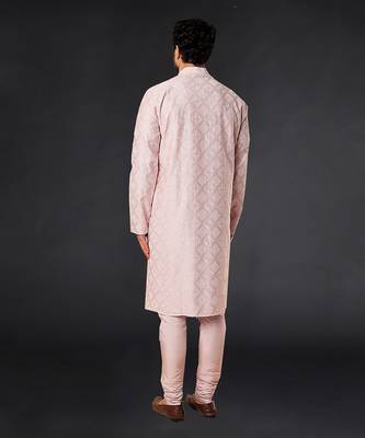 Powder Pink Pure Chanderi Machine Textured Embroidered Kurta Paired With Chudidar 2