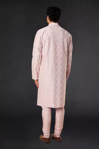 Powder Pink Pure Chanderi Machine Textured Embroidered Kurta Paired With Chudidar