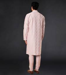 Powder Pink Pure Chanderi Machine Textured Embroidered Kurta Paired With Chudidar