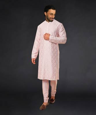 Powder Pink Pure Chanderi Machine Textured Embroidered Kurta Paired With Chudidar 1