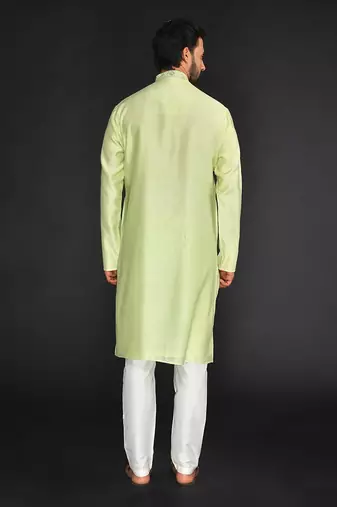 Mint Green Pure Chanderi Emb. Kurta With Off White Chudidar