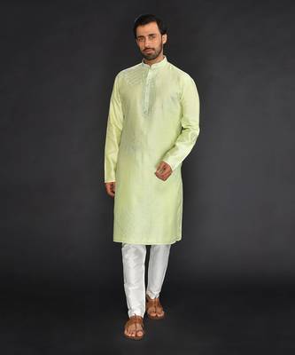 Mint Green Pure Chanderi Emb. Kurta With Off White Chudidar 1