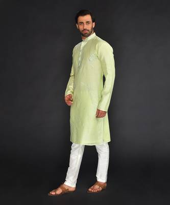 Mint Green Pure Chanderi Emb. Kurta With Off White Chudidar 3