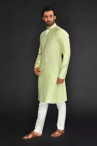 Mint Green Pure Chanderi Emb. Kurta With Off White Chudidar