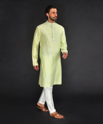 Mint Green Pure Chanderi Emb. Kurta With Off White Chudidar 4