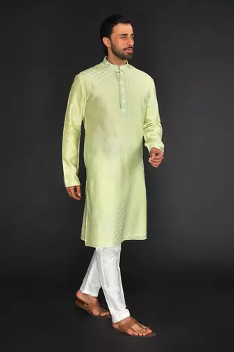 Mint Green Pure Chanderi Emb. Kurta With Off White Chudidar