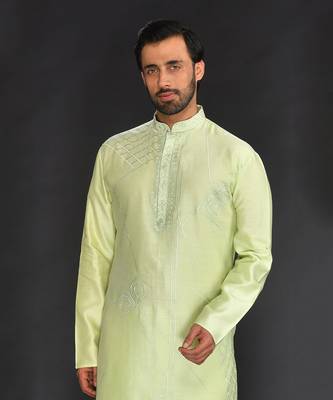 Mint Green Pure Chanderi Emb. Kurta With Off White Chudidar 5