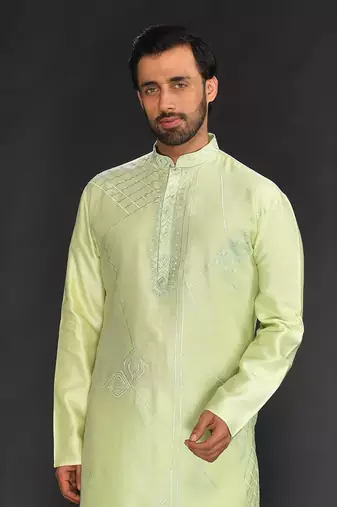 Mint Green Pure Chanderi Emb. Kurta With Off White Chudidar
