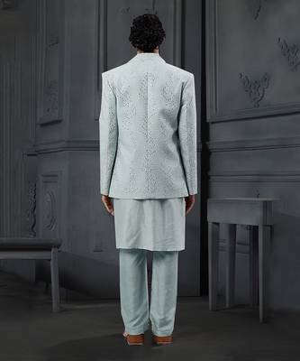 Powder Blue Mirro Textured Embroidery Bundgala With Vis. Silk Kurta Paired With Slim Pant 2