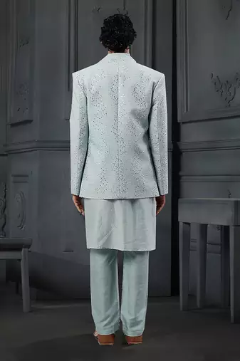 Powder Blue Mirro Textured Embroidery Bundgala With Vis. Silk Kurta Paired With Slim Pant
