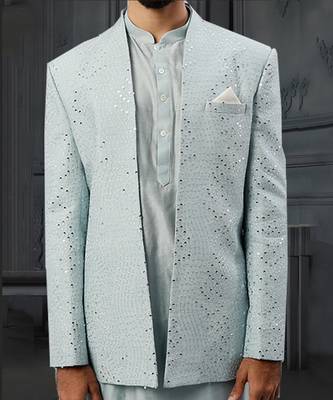 Powder Blue Mirro Textured Embroidery Bundgala With Vis. Silk Kurta Paired With Slim Pant 3