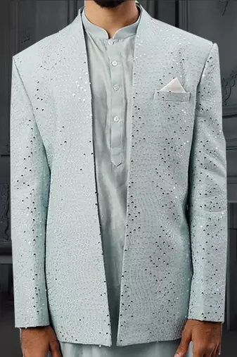 Powder Blue Mirro Textured Embroidery Bundgala With Vis. Silk Kurta Paired With Slim Pant