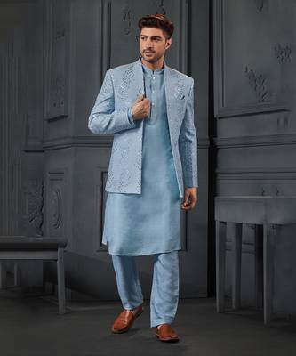 Powder Blue Mirro Textured Embroidery Bundgala With Vis. Silk Kurta Paired With Slim Pant 1