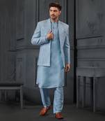 Powder Blue Mirro Textured Embroidery Bundgala With Vis. Silk Kurta Paired With Slim Pant