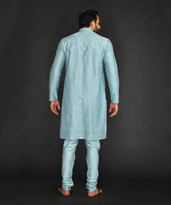 Powder Blue Mirro Textured Embroidery Pure Chanderi  Kurta Paired With Chudidar 2