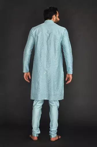 Powder Blue Mirro Textured Embroidery Pure Chanderi  Kurta Paired With Chudidar