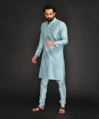 Powder Blue Mirro Textured Embroidery Pure Chanderi  Kurta Paired With Chudidar 3