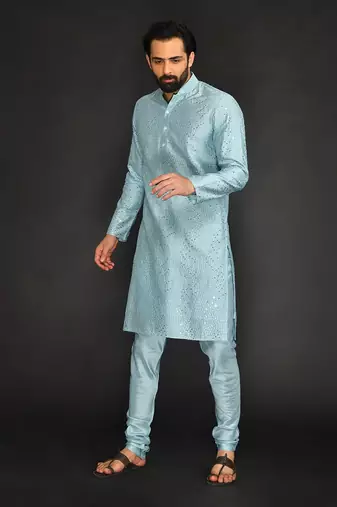 Powder Blue Mirro Textured Embroidery Pure Chanderi  Kurta Paired With Chudidar