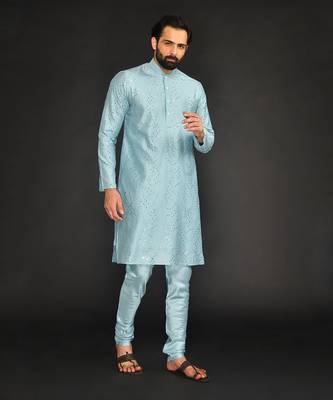 Powder Blue Mirro Textured Embroidery Pure Chanderi  Kurta Paired With Chudidar 1