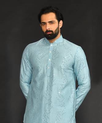 Powder Blue Mirro Textured Embroidery Pure Chanderi  Kurta Paired With Chudidar 4