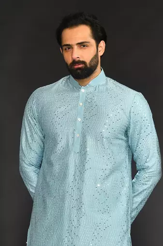 Powder Blue Mirro Textured Embroidery Pure Chanderi  Kurta Paired With Chudidar