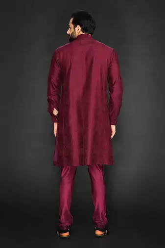 Maroon Textured Pure Chanderi Kurta And Chudidar