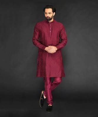 Maroon Textured Pure Chanderi Kurta And Chudidar 1