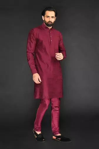 Maroon Textured Pure Chanderi Kurta And Chudidar