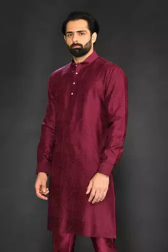 Maroon Textured Pure Chanderi Kurta And Chudidar