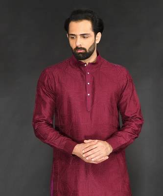 Maroon Textured Pure Chanderi Kurta And Chudidar 5