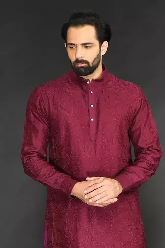Maroon Textured Pure Chanderi Kurta And Chudidar