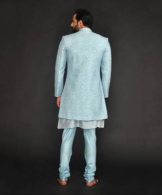 Powder Blue Mirro Textured Embroidery Indo With Vis. Silk Kurta Paired With Slim Pant 2