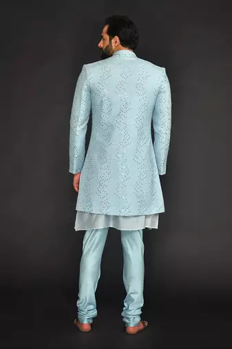 Powder Blue Mirro Textured Embroidery Indo With Vis. Silk Kurta Paired With Slim Pant