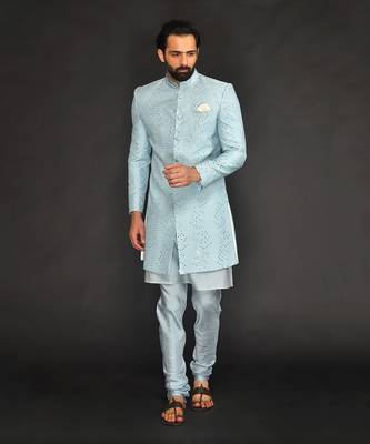 Powder Blue Mirro Textured Embroidery Indo With Vis. Silk Kurta Paired With Slim Pant 1