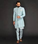 Powder Blue Mirro Textured Embroidery Indo With Vis. Silk Kurta Paired With Slim Pant