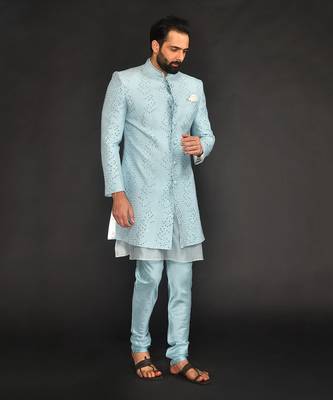 Powder Blue Mirro Textured Embroidery Indo With Vis. Silk Kurta Paired With Slim Pant 3