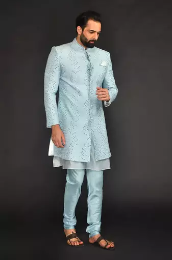 Powder Blue Mirro Textured Embroidery Indo With Vis. Silk Kurta Paired With Slim Pant