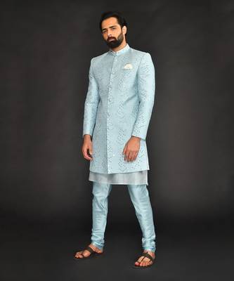 Powder Blue Mirro Textured Embroidery Indo With Vis. Silk Kurta Paired With Slim Pant 4