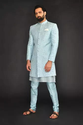 Powder Blue Mirro Textured Embroidery Indo With Vis. Silk Kurta Paired With Slim Pant
