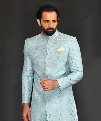 Powder Blue Mirro Textured Embroidery Indo With Vis. Silk Kurta Paired With Slim Pant 5