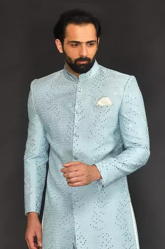 Powder Blue Mirro Textured Embroidery Indo With Vis. Silk Kurta Paired With Slim Pant