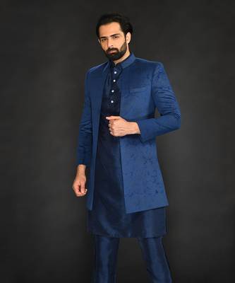 Teal Green Geometric Machine Textured Front Open Indo Paired With Silk Kurta And Slim Pant 1