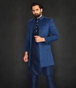 Teal Green Geometric Machine Textured Front Open Indo Paired With Silk Kurta And Slim Pant