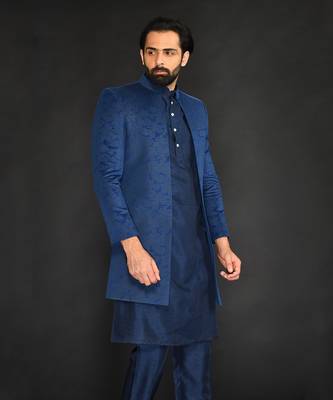 Teal Green Geometric Machine Textured Front Open Indo Paired With Silk Kurta And Slim Pant 2