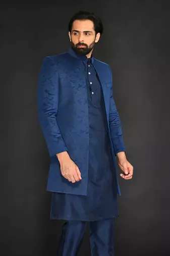 Teal Green Geometric Machine Textured Front Open Indo Paired With Silk Kurta And Slim Pant