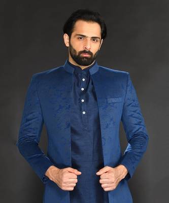 Teal Green Geometric Machine Textured Front Open Indo Paired With Silk Kurta And Slim Pant 3