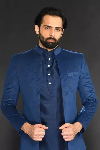 Teal Green Geometric Machine Textured Front Open Indo Paired With Silk Kurta And Slim Pant