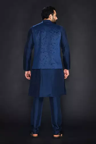 Teal Green Geometric Machine Textured Bundi Paired With Silk Kurta And Chudidar